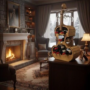 May include: Wooden wine rack in the shape of a violin, holding several wine bottles and wine glasses. The rack is light brown and sits on a dark brown surface. The background includes a fireplace, a rug, and a window.