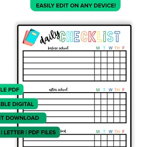 Editable Daily Checklist for Kids and Toddlers Interactive | Before and After School & Before Bed Daily Routine chore chart Editable