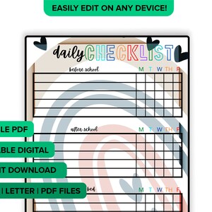 Editable Daily Checklist for Kids and Toddlers Interactive | Before and After School & Before Bed Daily Routine chore chart Editable