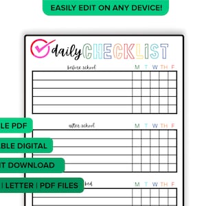 Editable Daily Checklist for Kids and Toddlers Interactive | Before and After School & Before Bed Daily Routine chore chart Editable