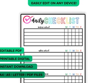 Puede incluir: Una lista de verificación diaria en blanco y negro con las palabras "daily CHECKLIST" en letras coloridas. La lista de verificación está dividida en secciones para antes y después de la escuela, y la cama, con espacios para cada día de la semana. El texto en la imagen incluye "EDITABLE PDF", "PRINTABLE DIGITAL" e "INSTANT DOWNLOAD".