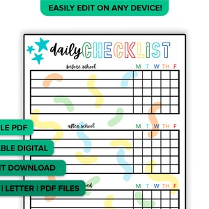 Editable Daily Checklist for Kids and Toddlers Interactive | Before and After School & Before Bed Daily Routine chore chart Editable