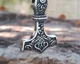 Thor's Hammer Necklace Wotans Knot Heavy Pendant Necklace, Punk Viking Hammer Pendant Made Of Double-Sided Stainless Steel, Handmade Jewelry