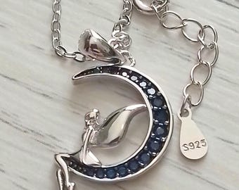 Blue Crystal Moon And Fairy, Minimalist Gentle Jewelry Fashion Angel Sitting On A Moon,Sterling Silver 925 Pendant Necklace ,Handmade