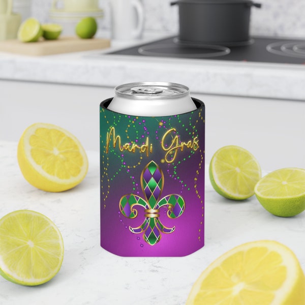 Mardi Gras Fleur-de-lis Beaded Regular en Slim Can Cooler, Cosy, Coozie, Cooly