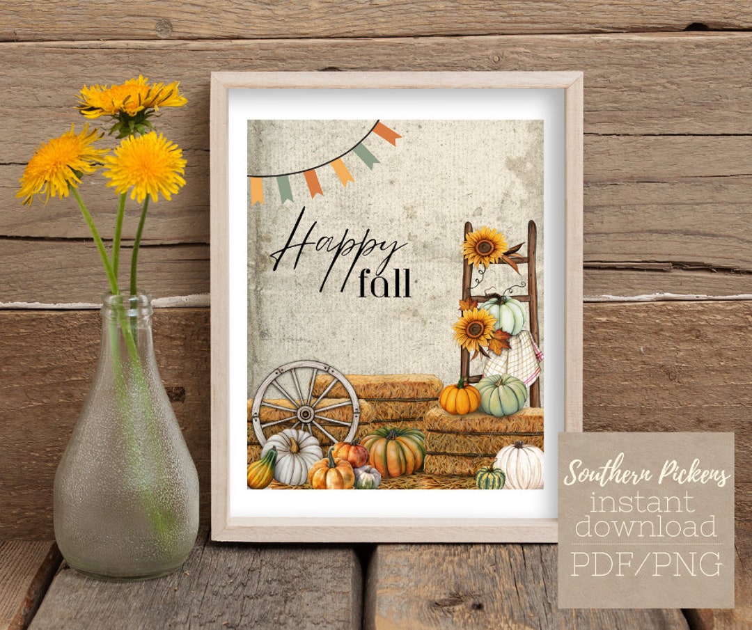 Fall Printable Decor Happy Fall Instant Digital Download Pumpkin and