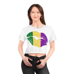 Mardi Gras, Lips, Purple, Yellow, Green, Crop Top Tee