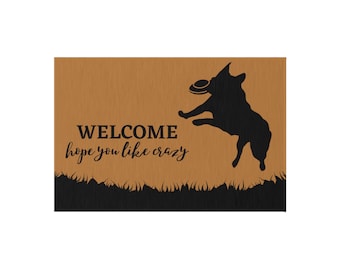 Blue Heeler, Cattle Dog, Jumping Frisbee Welcome, Hope You Like Crazy Outdoor Rug, Doormat 24x36"