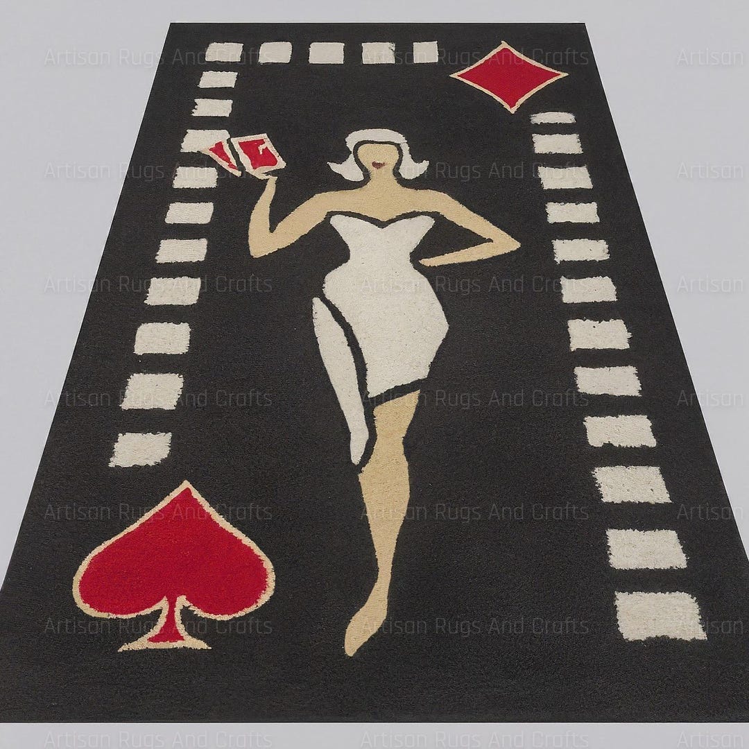 Stylized Black Casino Rug With Glamorous Woman With Playing Cards ...
