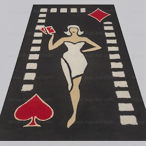 Stilisierter schwarzer Kasinoteppich mit glamouröser Frau mit Spielkartendesign, eleganter handgetufteter Wollteppich für Wohnzimmergeschenk