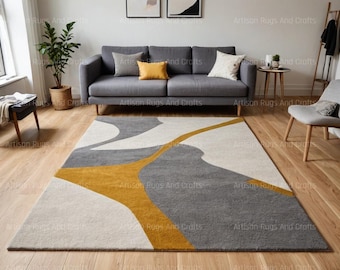 Hand Tufted Wool Rug: Contemporary Gold, Ivory & Grey