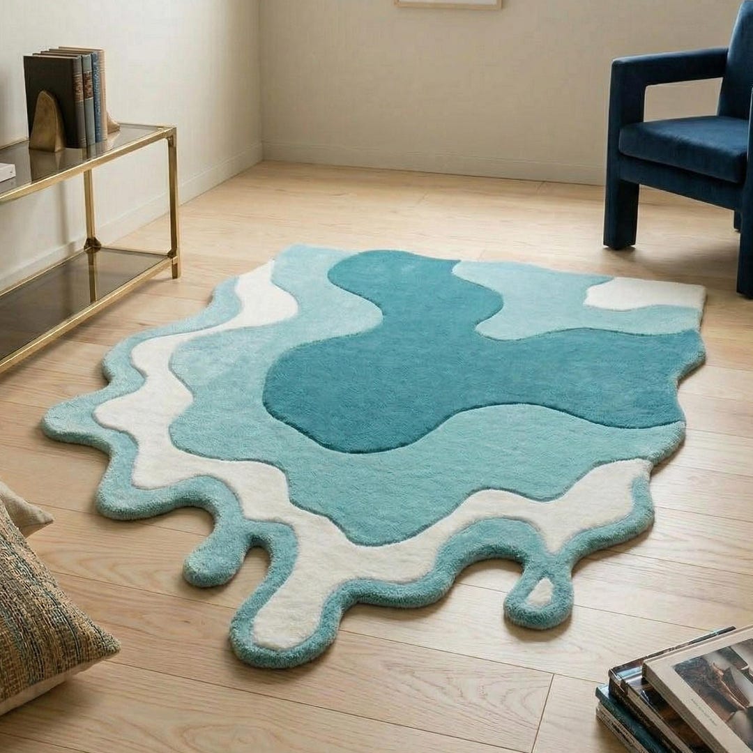 Puddle Rug Shape Hand-tufted Wool Puddle Rug – Teal, Aqua, Cream Abstract Area Rug - Etsy