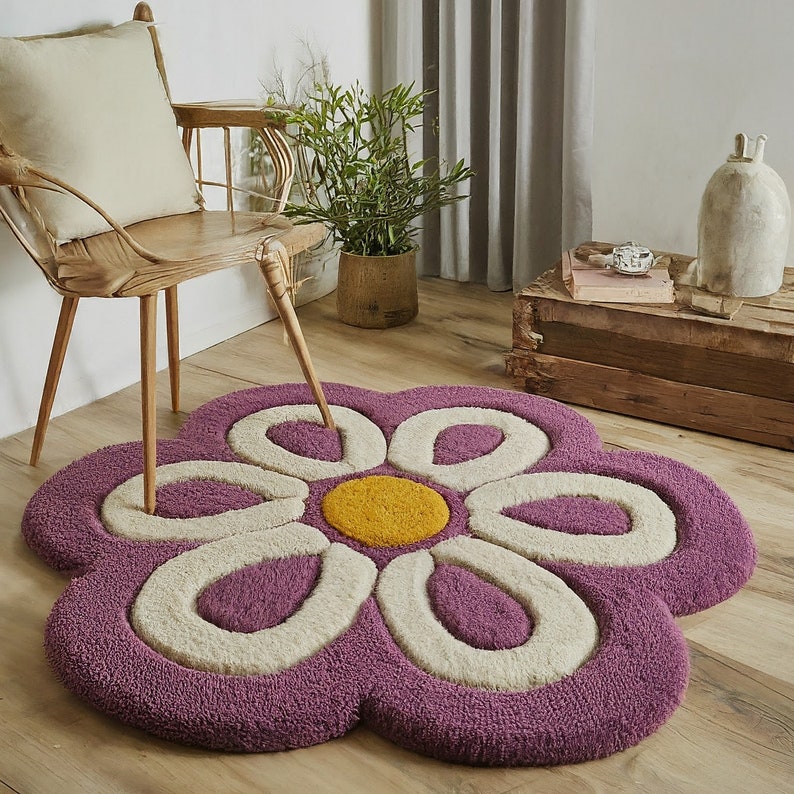 Flower Shape Hand Tufted Wool Rug 4x4, Best for Kids Room, Living Room ...