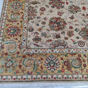 Hand Knotted Ivory-Gold Persian Wool Rug: 8x10 Home Decor Carpet