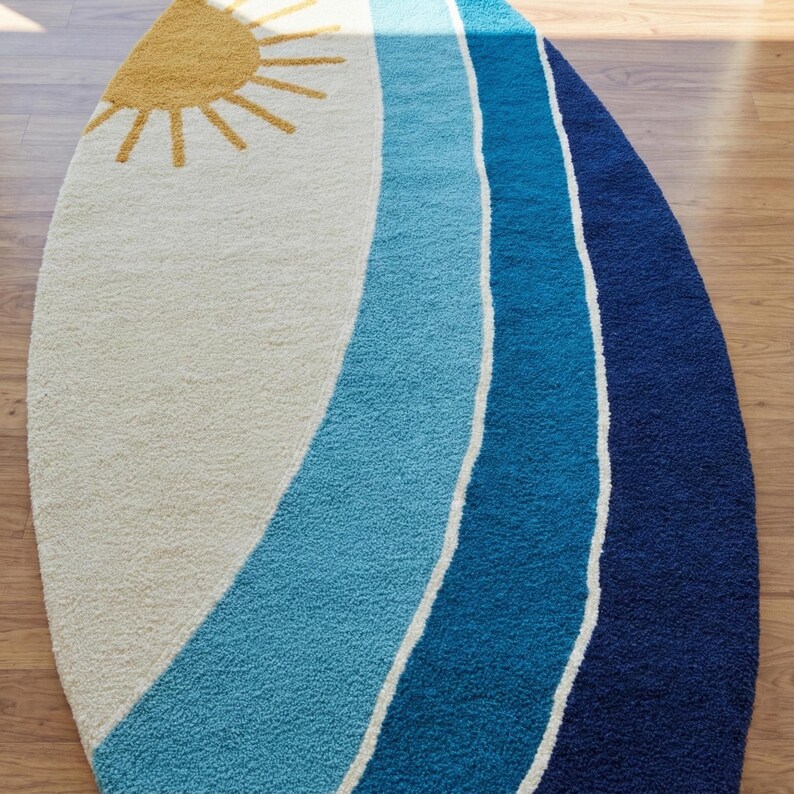 Sunshine Rug Hand Tufted Surfboard Shape Rug – Coastal Sun & Wave Wool Area Rug ...