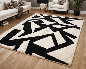 Hand Tufted Wool Area Rug: Black and White Geometric Bohemian Decor