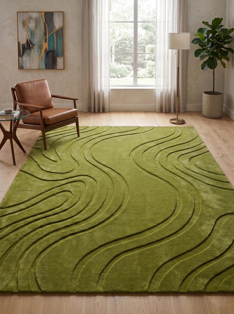 3d Tuffted Rug Hand-tufted Wool Rug, 3D Wavy Textured Olive Green Area Rug - Etsy UK
