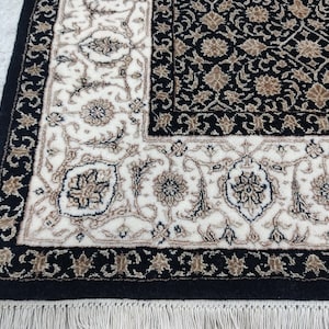 Black Hand Knotted Wool Silk Rug: Persian Oriental Design