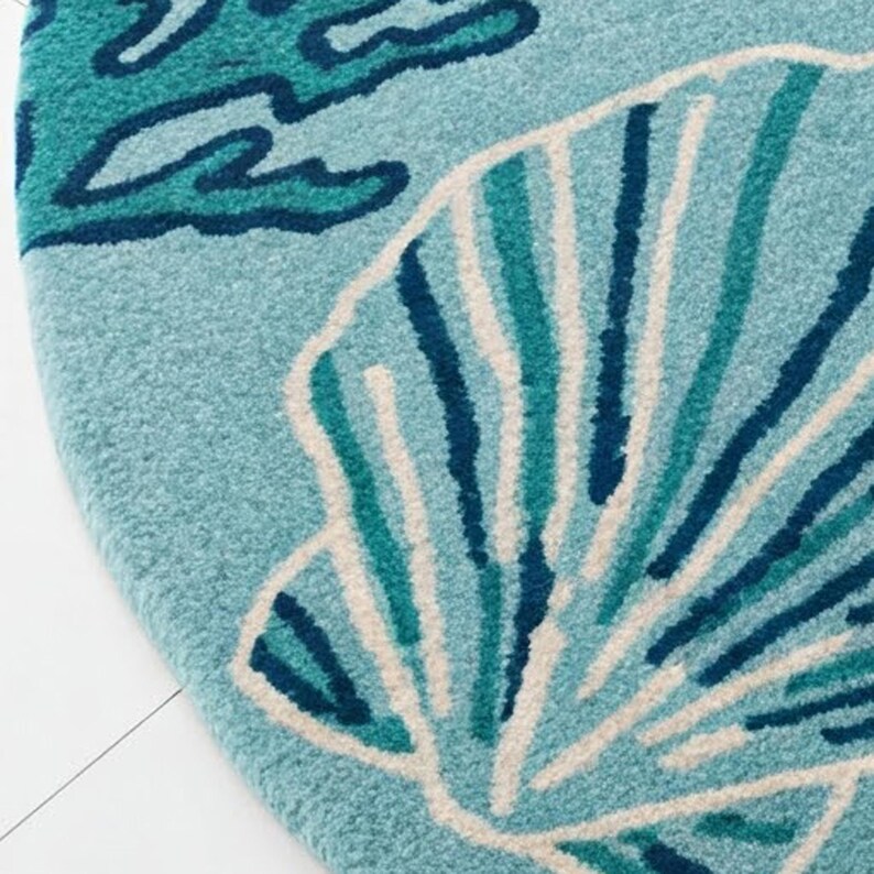 Blue White Shell Rug Hand-tufted Wool Rug: Coastal Sea Shell & Fern Design - Etsy