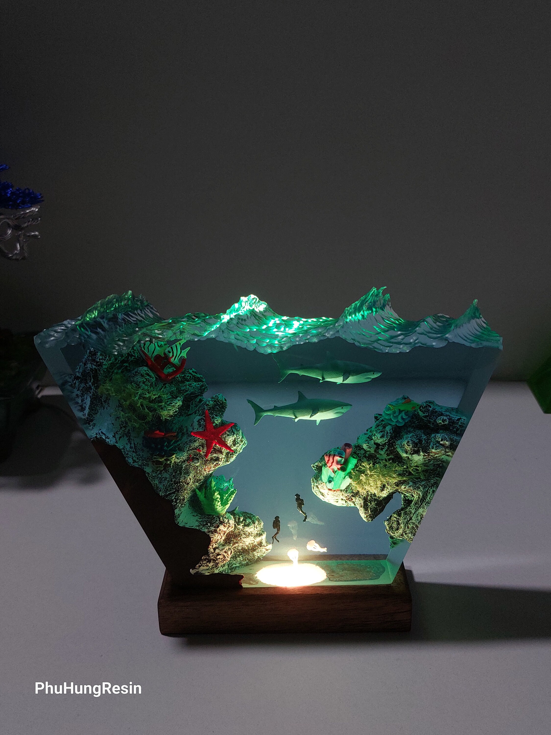 レジンアートランプ：LED付きサメとヒトデの海のジオラマ - Etsy 日本