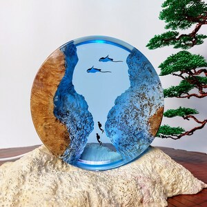 Handmade Resin Lamp: Stingrays & Divers, Ocean Adventure Art