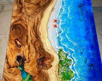 Custom Ocean Art Table, Epoxy resin luxury ocean dining table, Coastal Living Room Decor, housewarming gift, Live Edge Wood Epoxy Table