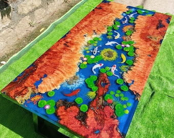 Koi fish dining table made of Epoxy resin, Luxury Home Office Desk Decor, Zen Home Decor, Koi Fish Resin Tabletop Decor, Unique Artisan Gift