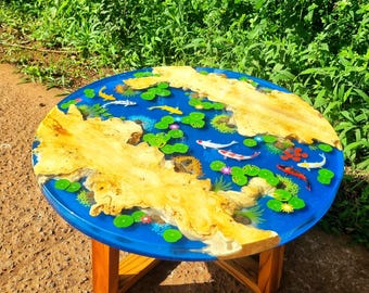 Hand-Painted Koi Fish Coffee Table: Epoxy Resin Art, Custom Wood Table.
