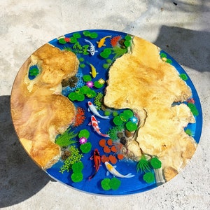 Round tea table made of coffee tree wood hand-painted upon request-3D Koi Fish art painting, Christmas-Halloween gifts-unique personal gifts