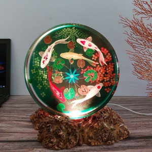 Hand-painted Koi fish lamp, Colorful round crystal block, Art plastic wood, Meaningful housewarming gift, Rare and unique living room light.