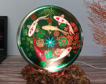 Hand-Painted Koi Fish Lamp: Resin Epoxy & Natural Wood Base