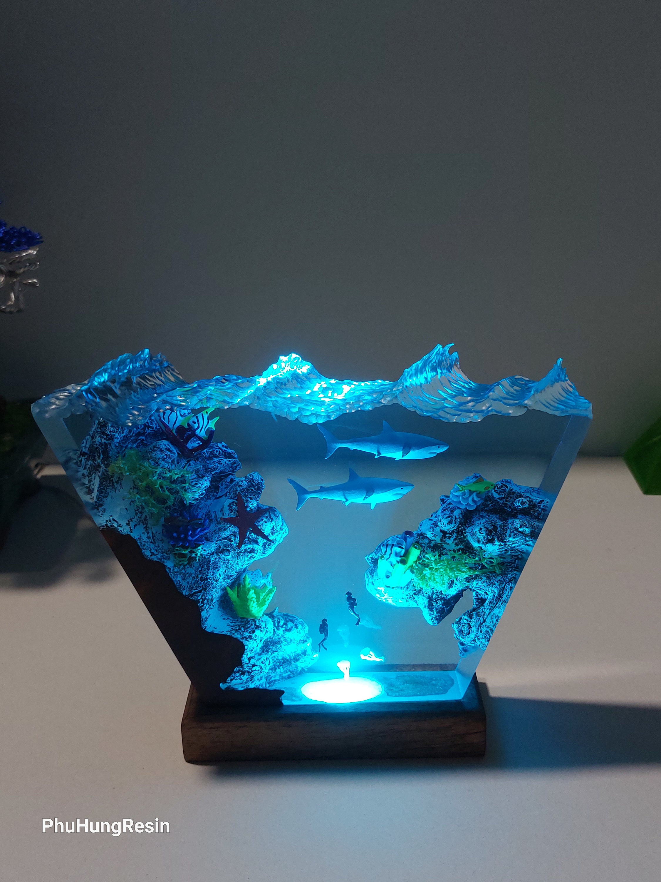 レジンアートランプ：LED付きサメとヒトデの海のジオラマ - Etsy 日本