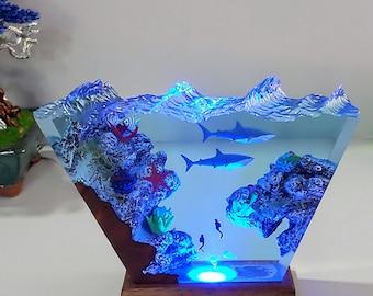 Giant red starfish and great white shark, Resin Art Lamp, Best Gifts, Ocean Adventures, Deep Sea Wonders, Unique Crafts, Birthday gift.