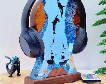 Killer Whale Resin Art Lamp, Ocean Scene, Wood Base, 16-Color LED