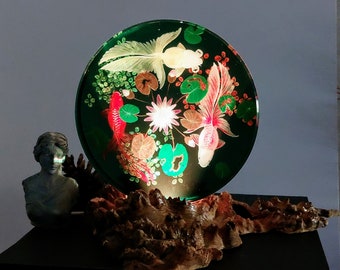 Hand-Painted Koi Fish Resin Lamp: Unique Wood Base Living Room Light