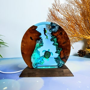 Handmade Ocean Resin Lamp: Sea Turtle & Diver Wood Art Lamp