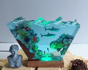 レジンアートランプ：LED付きサメとヒトデの海のジオラマ - Etsy 日本