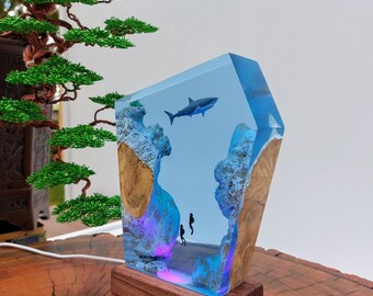 Whale Shark Resin Lamp: Ocean Diorama with Divers, Wood Base