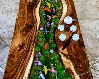 Hand-painted koi fish epoxy resin table, Dining table_living room table from epoxy Resin, Luxury Home Office Desk Decor, Unique Artisan Gift