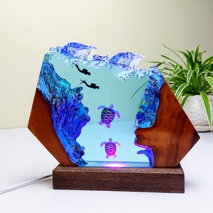 Handmade Resin Ocean Lamp: Sea Turtle & Divers, Coastal Decor