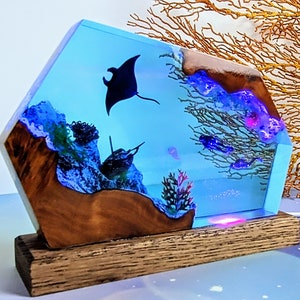 Stingray and diver wood resin lights, Resin Art Lights, Clear Crystal Blocks, Best Gifts, Ocean Adventures, Deep Sea Wonders, Make Your Own