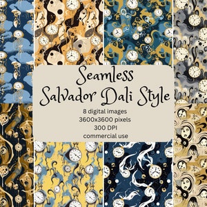 May include: Eight seamless digital patterns in a Salvador Dali style featuring melting clocks, swirling clouds, and abstract shapes in shades of blue, gold, and black. The patterns are 3600x3600 pixels and 300 DPI.