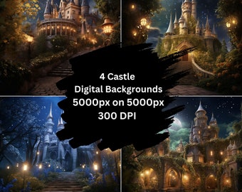 May include: Four digital backgrounds featuring a fairytale castle with a stone staircase leading up to the entrance. The castle is surrounded by lush greenery and glowing lanterns. The backgrounds are 5000 pixels by 5000 pixels and 300 DPI.