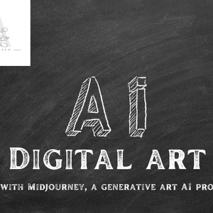 May include: White text on a black background reads "AI DIGITAL ART MADE WITH MIDJOURNEY, A GENERATIVE ART AI PROGRAM". The letters are stylized to look like they were drawn with chalk.