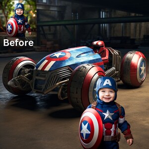 Op de afbeelding: Een kind verkleed als Captain America, met een schild, poseert naast een Captain America-thema raceauto. De auto is blauw, rood en wit, met ster emblemen op de wielen. Het kind draagt een blauwe helm met een witte "A".