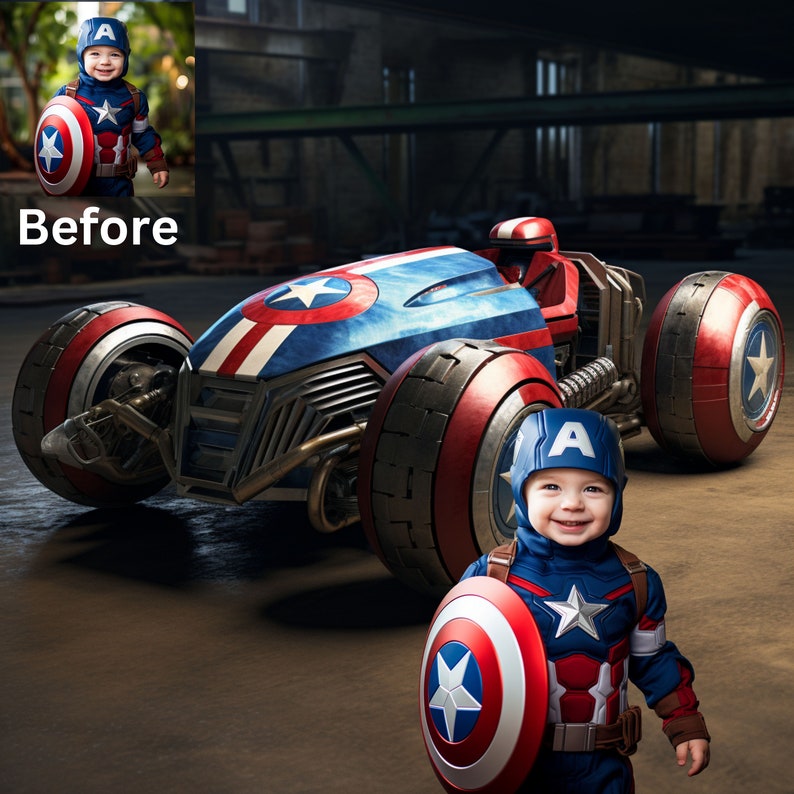 Op de afbeelding: Een kind verkleed als Captain America, met een schild, poseert naast een Captain America-thema raceauto. De auto is blauw, rood en wit, met ster emblemen op de wielen. Het kind draagt een blauwe helm met een witte "A".