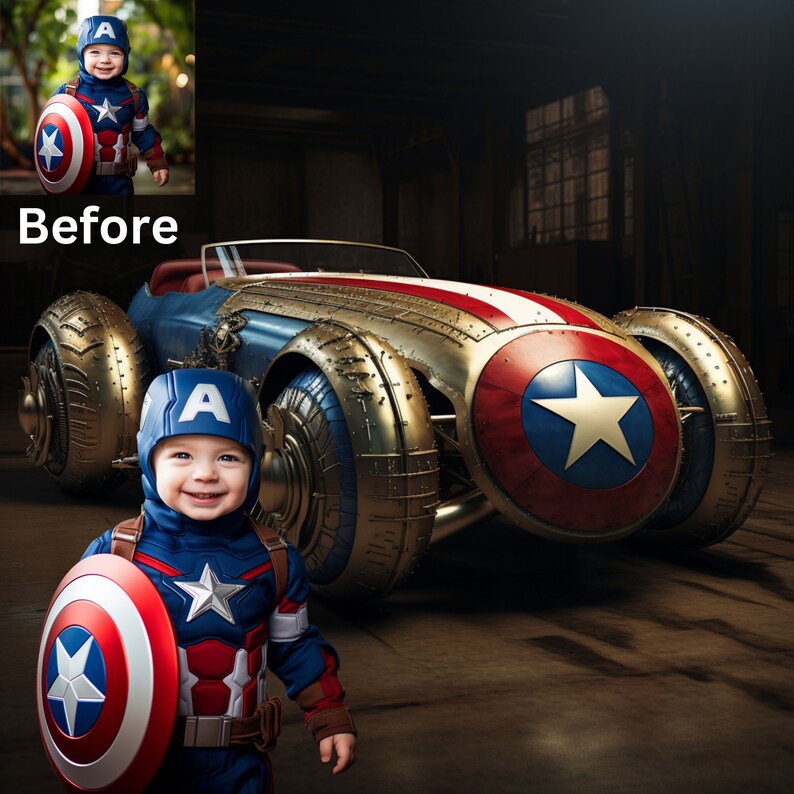 Op de afbeelding: Een kind in een Captain America-kostuum staat naast een op maat gemaakte auto. De auto heeft een blauw en goudkleurige carrosserie, grote wielen en Captain America schildontwerpen. Het kind draagt een blauwe helm met een witte "A" en houdt een schild vast.