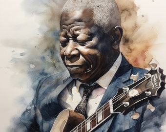 Illustrazioni ad acquerello di B.B king, generate dall'intelligenza artificiale