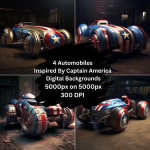 Op de afbeelding: Vier digitale illustraties van auto's, ge&iuml;nspireerd op Captain America. De auto's hebben voornamelijk een rood, wit en blauw kleurenschema met ster- en schildmotieven. De afbeelding bevat de tekst: "4 Automobiles Inspired By Captain America Digital Backgrounds 5000px on 5000px 300 DPI."