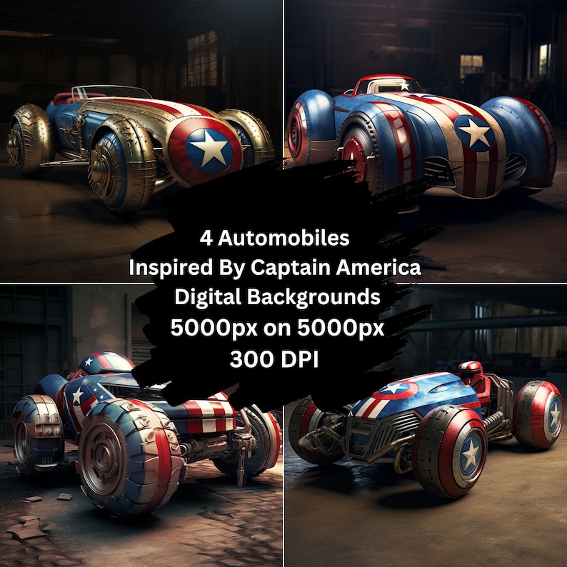 Op de afbeelding: Vier digitale illustraties van auto's, ge&iuml;nspireerd op Captain America. De auto's hebben voornamelijk een rood, wit en blauw kleurenschema met ster- en schildmotieven. De afbeelding bevat de tekst: "4 Automobiles Inspired By Captain America Digital Backgrounds 5000px on 5000px 300 DPI."